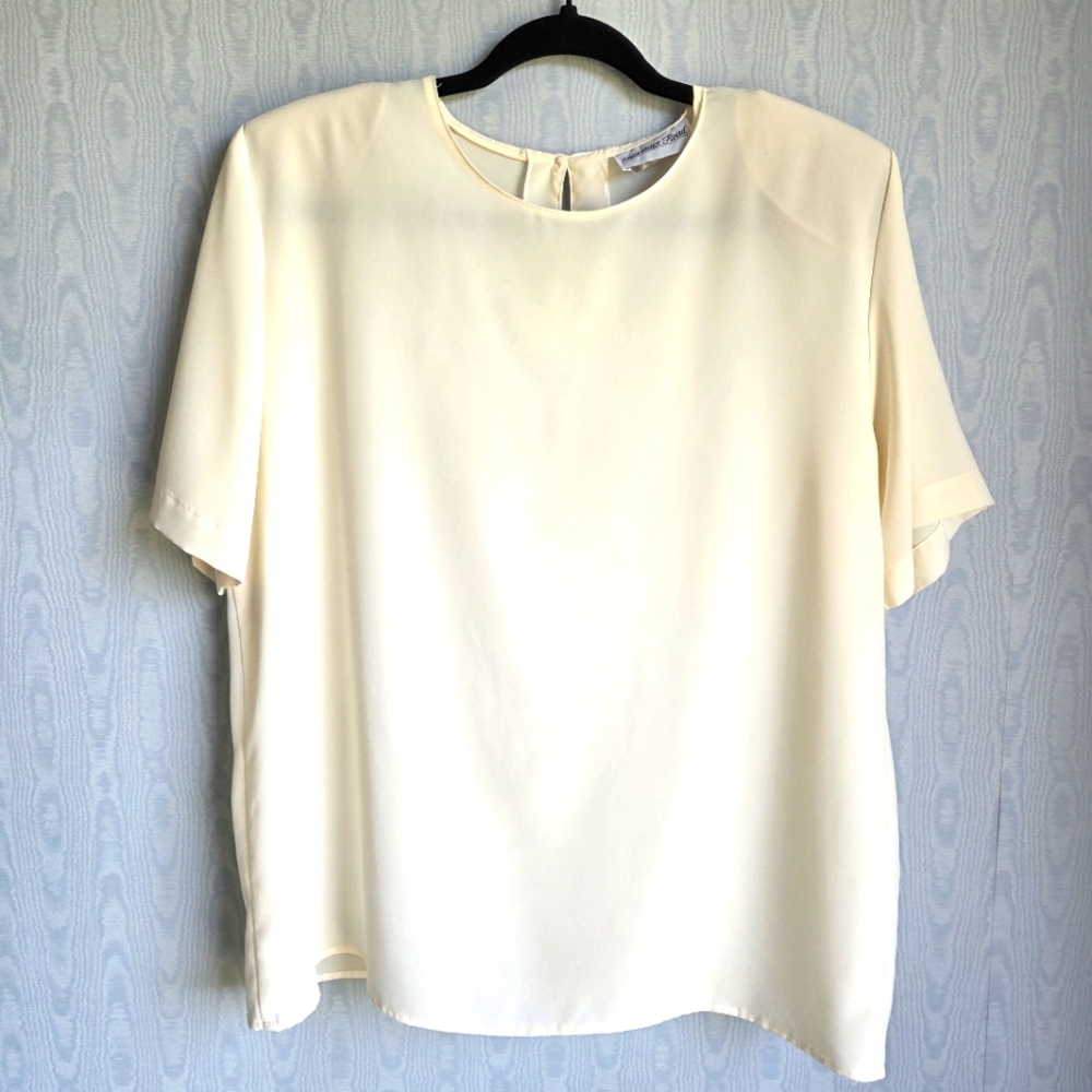 Vintage‎ Heritage Road L Sheer Short Sleeve Ivory Keyhole Button Shoulder Pads